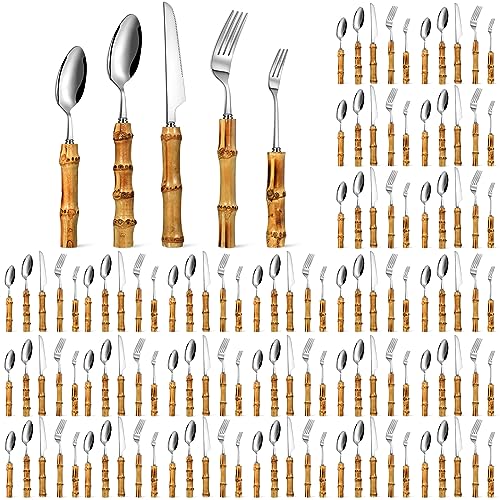 Eboot Bamboo Silverware Set 18/8 Stainless Steel Tableware Set Natural Utensil Flatware Kit Spoon Fork Knives Bamboo Handle Cutlery for Kitchen Wedding Home Restaurant Party(Silver