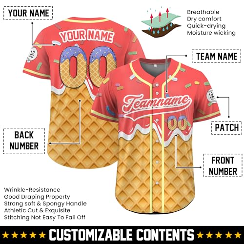 Custom Baseball Jersey – Personalized Name, Number & Logo, Drip Orange Ice Cream Baseball Jersey Summer Holiday for Men, Women, Youth, Toddlers miniatura 3