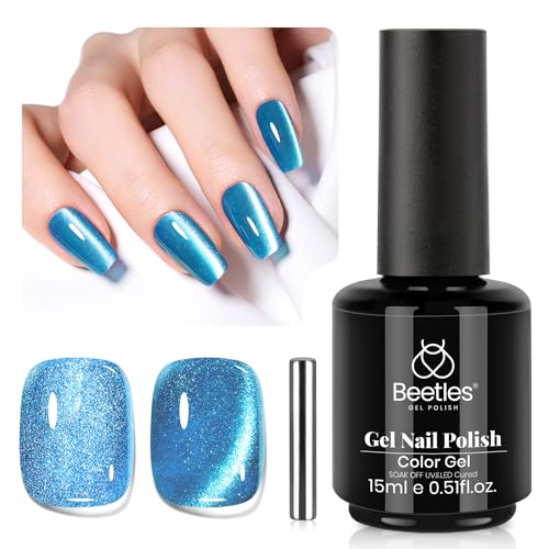 Image of Beetles Blue Cat Eye Gel Polish, 15ML Blue Cat Eye Glitter Gel Polish with Magnet Shimmer Velvet Gel Soak Off UV Stellar Ocean Collection French Nail Art Design Manicure Summer Gifts for Women