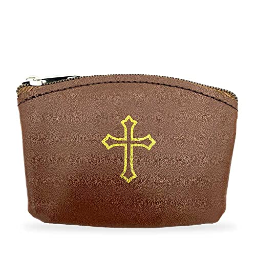 Brown Rosary Pouch with Zipper & Gold St. Thomas Cross Imprint | Compact Leatherette Rosary Case for Small to Medium Rosaries | Protective Travel Rosary Holder for Men & Women