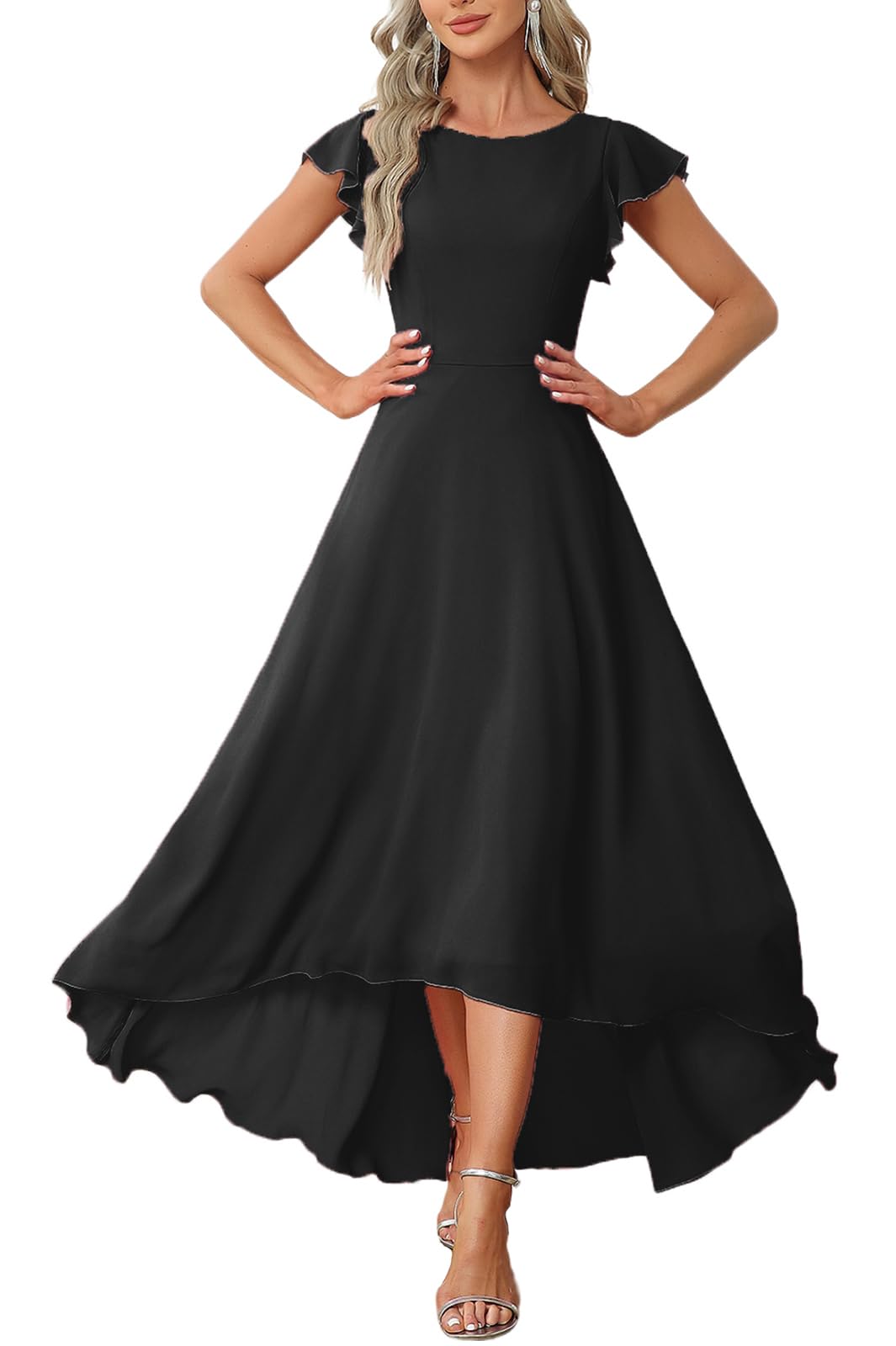FairyLove Women Wedding Ruffle Dresses Flowy Puffy with Deep V Neck Pleated Hem Lantern Long Sleeve Bell Sleeves