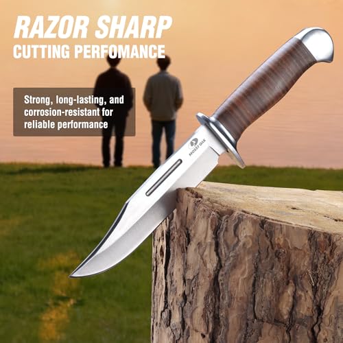 Mossy Oak 2-piece Bowie Knife, Fixed Blade Hunting Knife with Leather Handle, Sheath Included