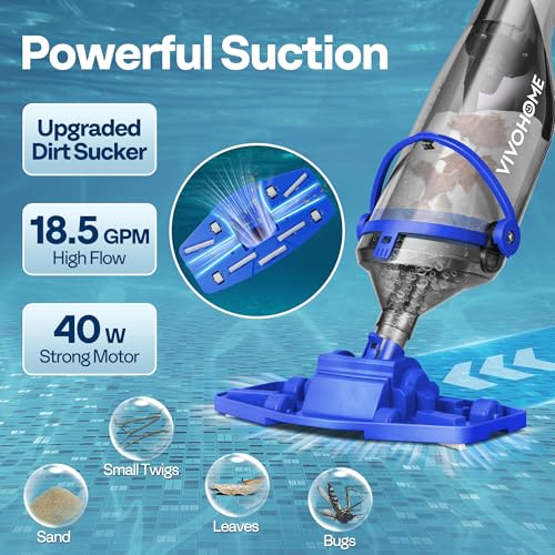 VIVOHOME Cordless Pool Vacuum with Telescopic & Extension Poles 9.12ft, 18.5 GPM Suction, 60-Min Run Time, Handheld Cleaner Rechargeable with Battery Indicator for Pools/Spas/Hot Tubs - Blue