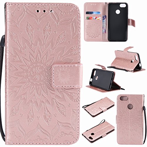 Laybomo Funda para Huawei P9 Lite Mini Carcasa Bolsa Tapa Cuero Billetera Magnética Protector Silicona Suave TPU Cover Funda Huawei P9 Lite Mini Avec Fente pour Carte, Estampado de Flores (Oro Rosa)