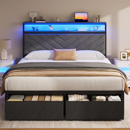 Image of Fluest Full Bed Frame with 2 Drawers, Upholstered Headboard with Storage and Charging Station, LED Lights, Fabric Drawers with Wheels, Under Bed Storage, No Box Spring Needed, Easy Assembly, Grey