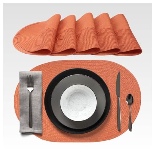 AGYO Set 6 Tovagliette Ovali Intrecciate 44 × 29,5 cm – Placemat in PP Arancione Terra, Antiscivolo, Lavabili e Arrotolabili – Design Elegante per Tavola, Cucina e Outdoor