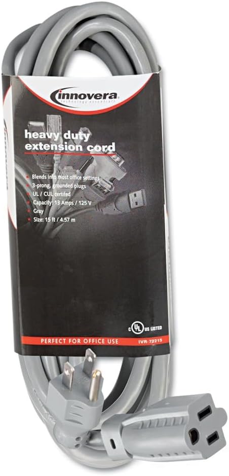 Innovera 72215 Indoor Heavy-Duty Extension Cord, 15ft, Gray