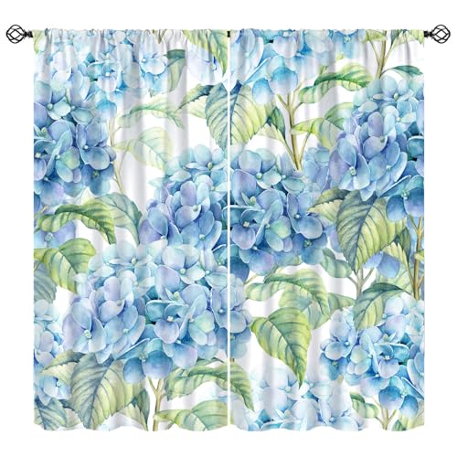 KANEPE Hydrangea Curtains, Watercolor Blue Hydrangea Leaves Spring Floral Window Treatments, Rod Pocket Thermal Insulated Drapes 2 Panel Sets for Bedroom Living Room, 42