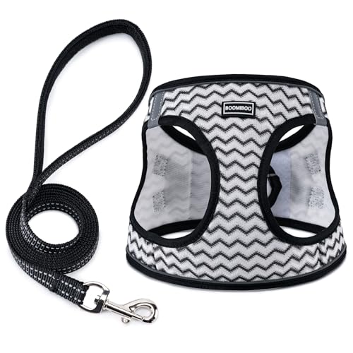 BOOMIBOO Step-In Dog Harness & Leash Set (White Stripe, S)