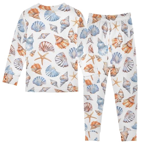 ALAZA Seashell Starfish Watercolor Summer 2 Piece Pajama Set Long Sleeve Top and Pants Sleepwear Unisex2