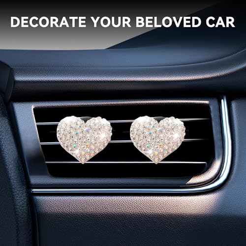 Image of Car Bling Air Vent Clips, 2 Pcs Bling Heart Charm Air Conditioning Outlet Clip, Crystal Rhinestone Accessories, Car Interior Decoration Cute Accessories for Women Girls (White, Vanilla)