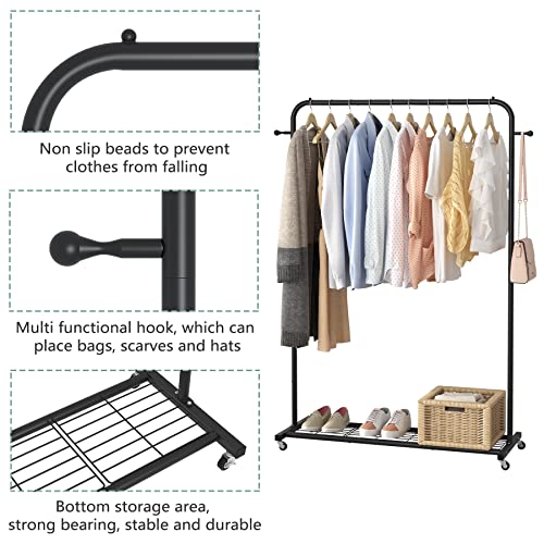 image for Sywhitta Clothing Rack on Wheels with Mesh Storage Shelf & Sturdy Meta
