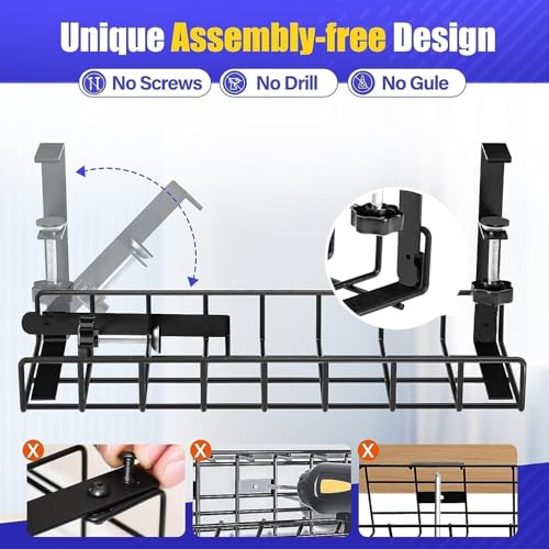 Image of Ragro 2 Pcs Cable Management Under Desk Tray, Drill-Less Wire Management with Upgraded Clamp, Metal Cord Organiser Rack, Black, 2 Pack