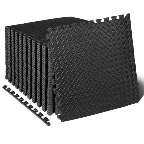 ProsourceFit Exercise Puzzle Mat ½-inch, EVA Interlocking Foam Floor Tiles for Home Gym, Workout Equipment, Kids Play Areas, Black, 144 SQ FT - 36 Tiles