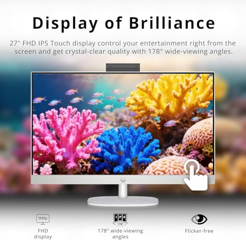 Image of HP 27 inch FHD Touchscreen All-in-One Desktop, Intel Core Ultra 7 255U, 16GB DDR5 RAM 1TB SSD, Wi-Fi 6, Bluetooth 5.4, 9H DVD & Wireless Keyboard & Mouse, Windows 11 Pro, White