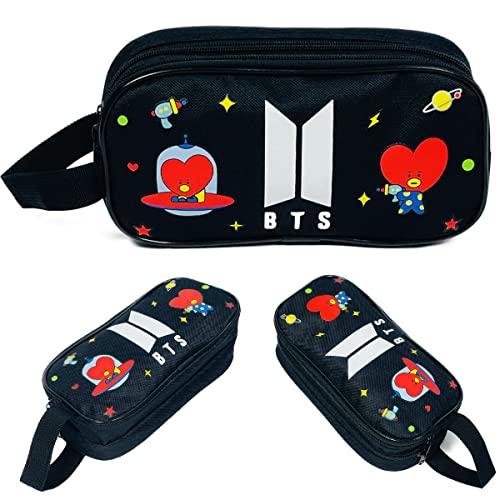 BTS Estuches Escolar, Estuche Grande Plumier, 2 Compartimentos Estuches de Lápices, Estuche Tela Estuche Organizador Portalapices Neceser Maquillaje Regalos para Niñas Niños en Escuela Oficina(Negro) Cover