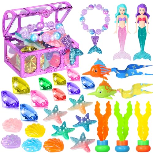 VGOFUN Diving Pool Toys for Kids Ages 3-12, 31 Pcs Mermaid Pool Toys, Diving Gem Toys with Pirate Treasure Chest, Summer Underwater Game Toys Swimming...