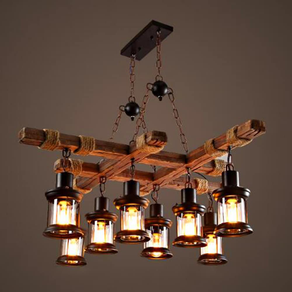 E27 Industrial Vintage Wood Sufit Lampa Wisząca, Regulowana Wysokość Lampa Wisząca, Szklany klosz, Metalowa lampa wisząca do salonu, jadalni, kuchni
