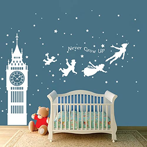 Runtoo Stickers Muraux Peter Pan Blanc Autocollant Mural Big Ben Silhouette Étoiles Deco Stickers...