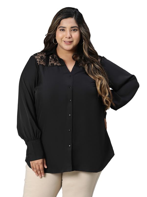 Image of oxolloxo Women Plus Size lace Detailed Collared Long Sleeve Shirt