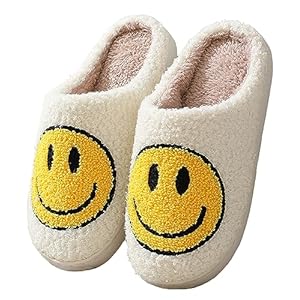 Hausschuhe mit Fröhliches Gesicht Damen Herren Weicher Plüsch Retro Hausschuhe Frauen Bequeme Warme Pantoffeln Trendiger Slipper drinnen und draußen,35-46 EU