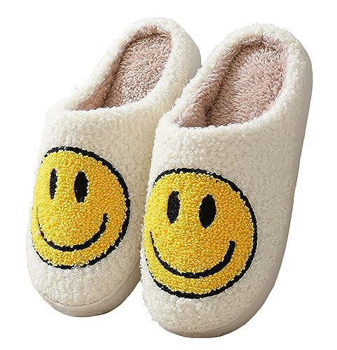 Hausschuhe mit Fröhliches Gesicht Damen Herren Weicher Plüsch Retro Hausschuhe Frauen Bequeme Warme Pantoffeln Trendiger Slipper drinnen und draußen,35-46 EU