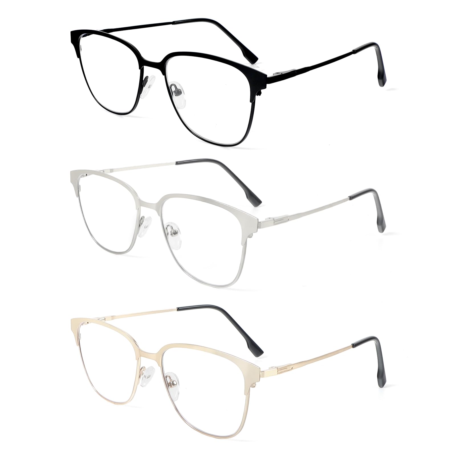 MMOWW 3 Pack Square Blue Light Blocking Reading Glasses Metal Frame Spring Hinges Computer Readers for Men Women