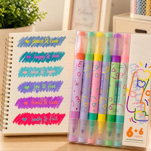 Image of WISHKEY Double-Head Color Overlay Marker Pens, Non-Toxic Ink Marker, Quick Drying Colorful Highlighter Pens for Multipurpose, Stationery Items for Kids and Adults, 8+ Years (Pack of 6, Multicolor)