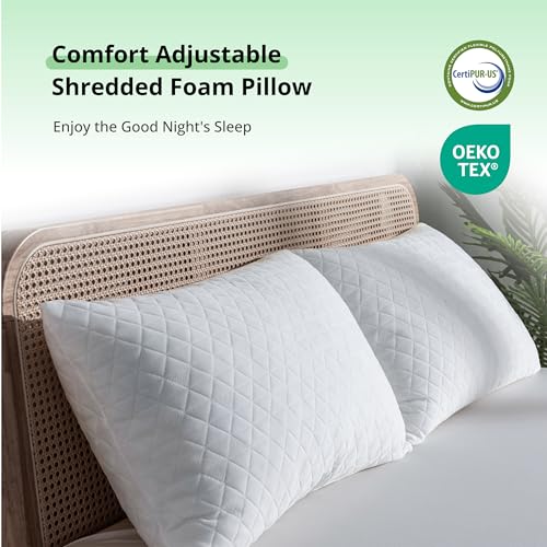 Image of EGOHOME Comfort Shredded Memory Foam Pillows, Adjustable Bed Pillows for Side, Back or Stomach Sleepers, Queen Size with Removable Cover (2 Pack, Adjustable)