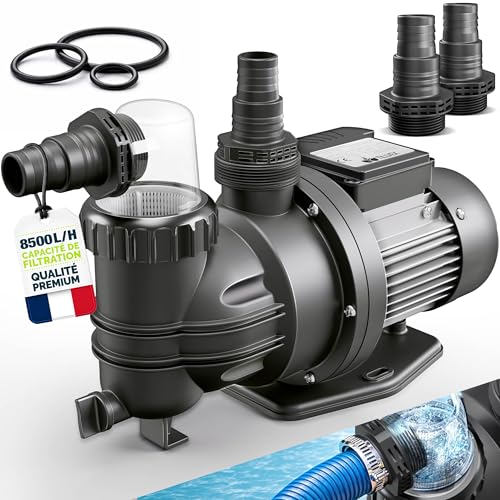 tillvex® Pompe de filtration piscine 8 500 L/h & 450 W | Hauteur de refoulement max. 9 m | Pompe de circulation pour piscines 33 m³ | Auto-amorçante pour piscine...