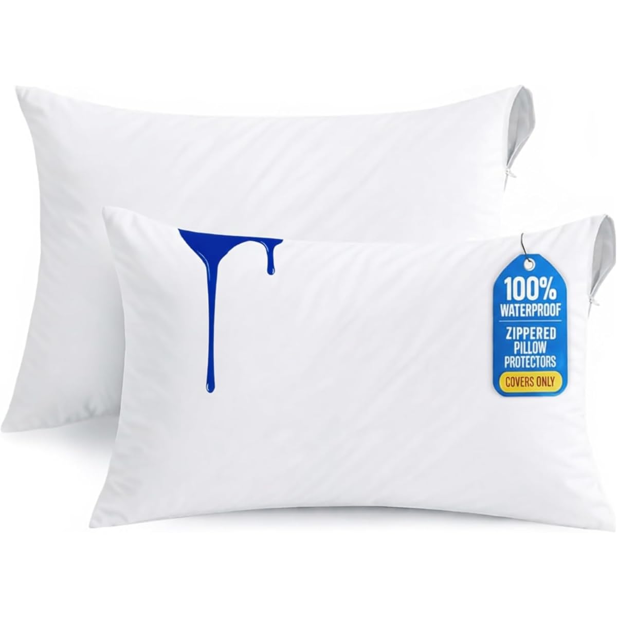 Waterproof Pillow Protectors with Zipper, Pack of 2 Standard Size – Noiseless Microfiber Pillow Covers, Breathable Zippered Pillow Encasement Cases, Soft & Durable