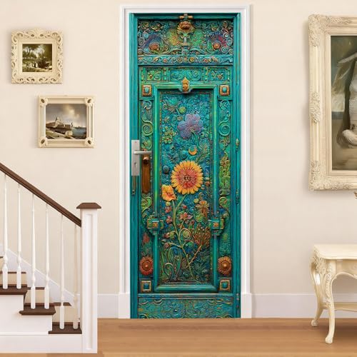 Door Wallpaper 30.31 × 78.74 Inch Vintage Floral Engraved Design