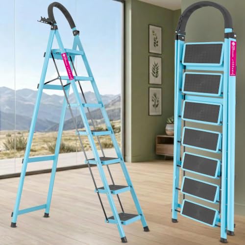 Image of Casa Copenhagen Teal Blue 7 Step Ladder for Home Use with Built-in Tool Tray | Heavy Duty D Shape Rods | Ultra Large Platform | Wide Rubber Feet | 150Kg Capacity Foldable Ladder - 7 Years Warranty