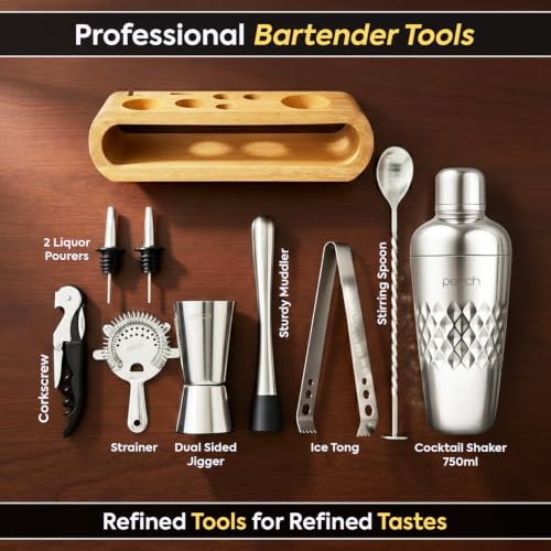 Image of O' Holic By Perch Cocktail Shaker Gift Set|10-Piece Stainless Steel Bartender Kit with Mango Wooden Stand|Accessories for Home Bar|Gift Box for Winters, Birthday, Wedding,Anniversary, Christmas|Silver