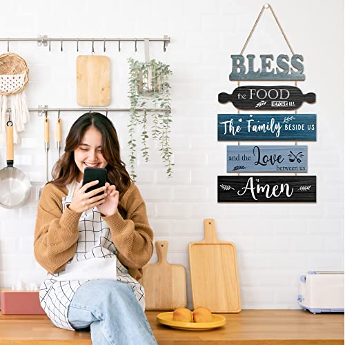 Geetery Bless The Food Before Us Wall Decor Farmhouse Kitchen Decor Rustic Dining Room Wall Art Vintage Country Wooden Hanging Sign(Farmhouse Blue)