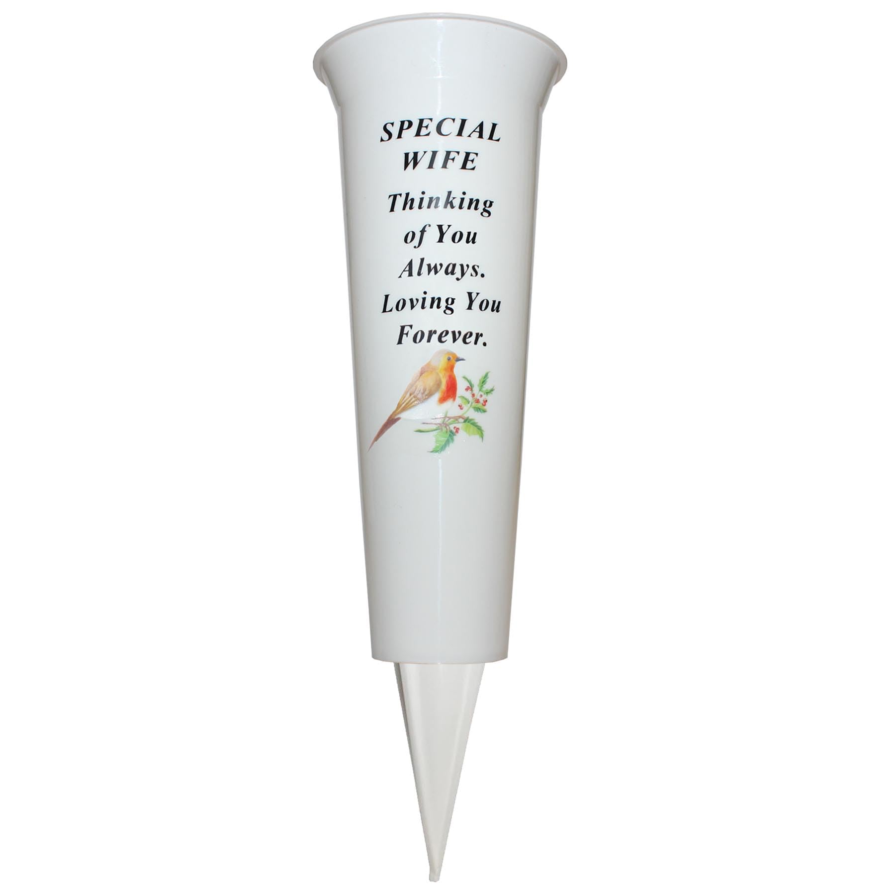 Memorial Grave Flower Pot - 33cm tall Sturdy White Memorial Graveside Flower Vase with Spike and Robin Image (Special Wife 8781)