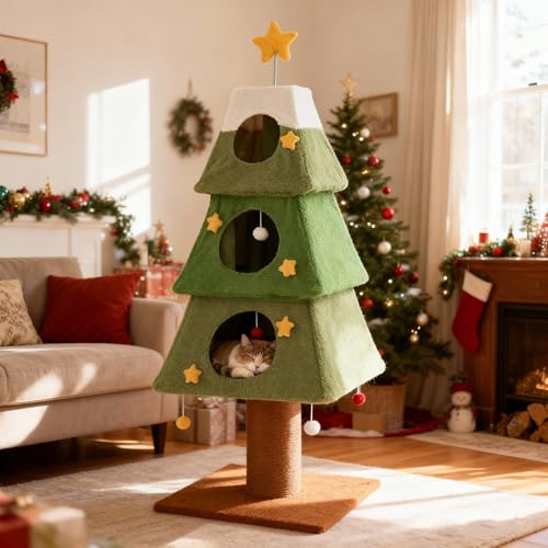SOARS Albero di Natale per Gatti 162 cm, Tiragraffi per Gatti a 4 Livelli con Cuccia Grotta in Peluche, Palo Graffiato, Piattaforma e Palla, Torre per Gatto con Rifugio, Forma di Albero di Natale