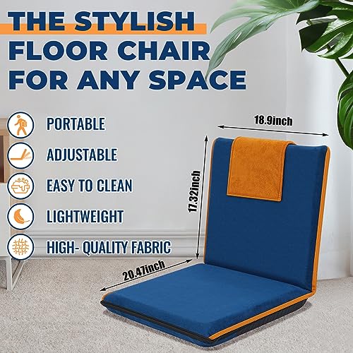 Image of 2 Pcs Floor Chair with Back Support Padded Floor Seating Portable Floor Seat Meditation Cushion Adjustable Fully Folding Backrest for Adult Kid Gaming Linen Washable Cover, Nylon Bottom (Blue, Khaki)