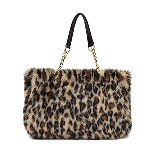 Large Faux Fur Tote Bag Winter Shoulder Bag Satchel Tote Handbag for Women (Leopard Print)