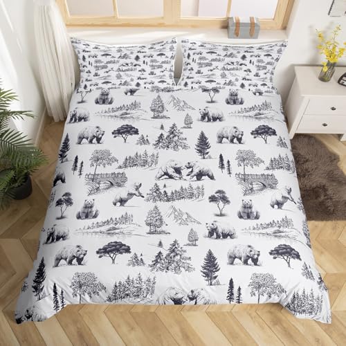 jejeloiu Kids Bear Bedding Set Toddler Size Rustic Bear Bedding Duvet Cover Set for Boys Teens Decor Cabin Lodge Bear Comforter Cover Set Botanical Tree Bear Animals Bedspread Cover 2Pcs,No Comforter