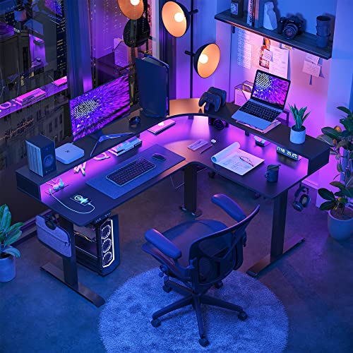 Image of FEZIBO L Shaped Standing Desk with Arc LED & Power Outlet, Exclusive Uprated 3 Motors Support 330LBS, Electric Height Adjustable L Shaped Desk with Large Monitor Stand, for Gaming Office, Black