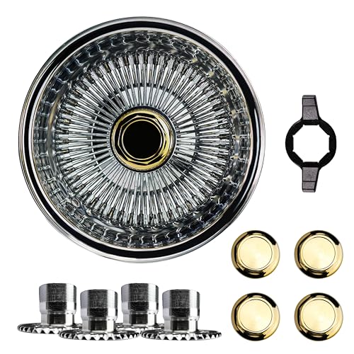 British Wire Wheel 14x7 Reverse 100 Spoke Straight Lace Wire Wheels w/Hex Cut Gold Knock Off Spinner Caps + Chrome Adapters 4x100, 4x4.25, 4x4.5 | Deep Dish Lowrider Rim | Set of 4 + Hex Wrench