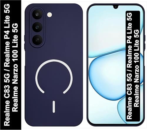 Image of SBMS Silicone Back Cover Case for Realme C83 5G /Narzo 100 Lite /P4 Lite | Soft Micro-Fibre Lining Inside | Magsafe Print On Back Side Camera Protection Bump | Shockproof Case Realme C83 5G (Blue)