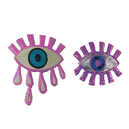 2Pcs Large Sequin Eye Patch Iron on or Sew on Patches Embroidered Badge Motif Applique Compatible Clothing Jeans T-Shirt (Purple)