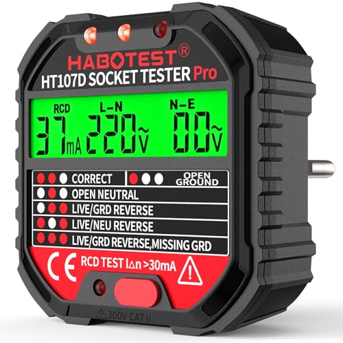 YOJOCK Steckdosentester mit RCD-Prüfung und LCD-Voltage-Display, 6 Arten von Fehlerdiagnose, Steckdosenprüfgerät mit Kontrollleuchten-Anzeige, FI Tester 90-250V/45-65Hz, CAT ll 300V (Premium-Version)