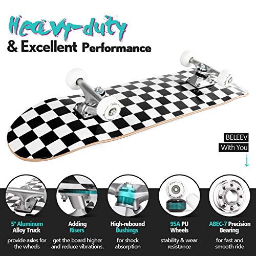 Image of BELEEV Skateboards for Beginners, 31 x 8 inch Complete Skateboard for Kids Teens Adults, 7 Layer Canadian Maple Double Kick Deck Concave Cruiser Trick Skateboard with Multifunction Skate T-Tool