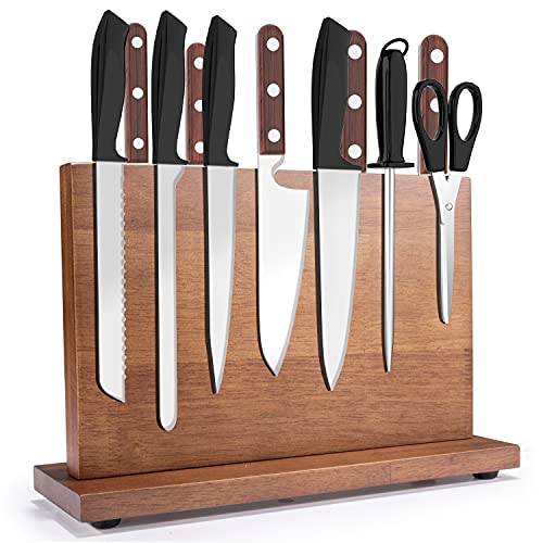 Knife Block,Magnetic Knife Block Holder,Counter Knife Holder knife stand,Kitchen Knife Storage rack shelves, Rubber Wooden Knife storage Organizer with Double Sided Magnetic,Knife Display Stand(12â€œ)