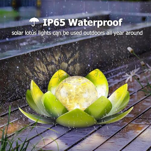 Huaxu Solar Lights Outdoor Garden Decoration Crackle Globe Glass Waterproof LED Metal Green Lotus Flowers Gift for Mom,Women,Patio,Lawn,Walkway,Tabletop,Ground - image 2