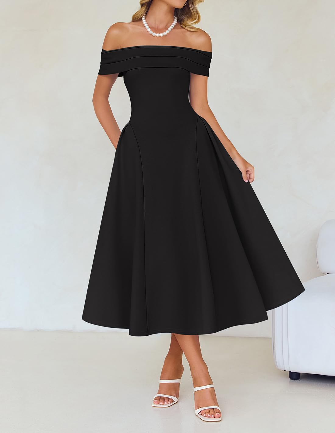 ZESICA Cocktail Dresses for Women's Elegant Off Shoulder Short Sleeve Swing A Line Wedding Evening Party Midi Dress
