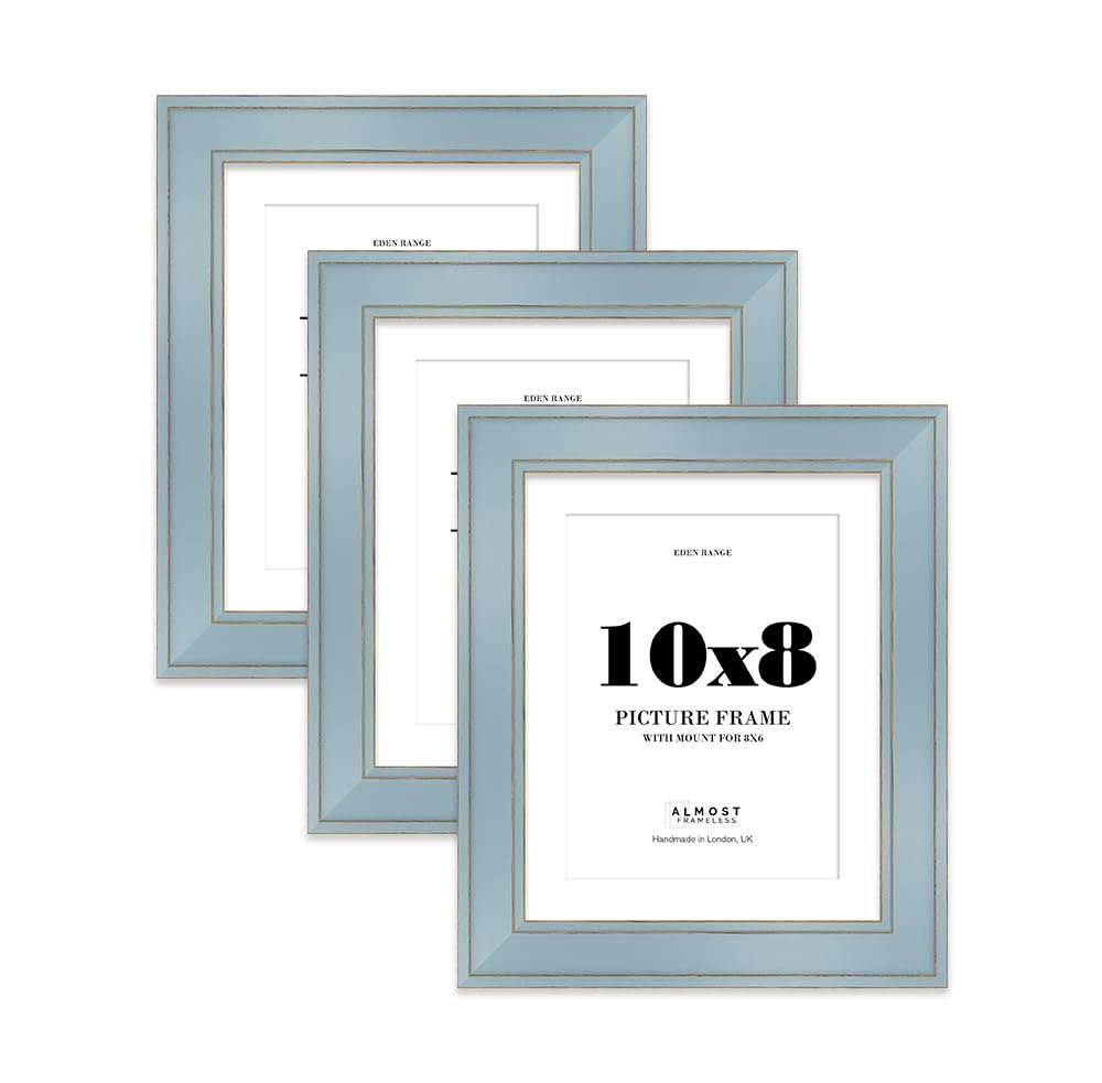 10x8" Cornflower Blue Picture Frame with 8x6" Mount - Shabby Chic Photo Frame with Distressed Finish, Gold Trim, Wall Hooks and Kickstand, 37mm Edge - 3 Pack